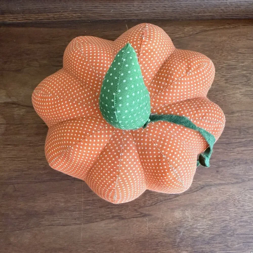 Homemade Pumpkin Throw Pillow Orange Green White Polka Dot 6 in